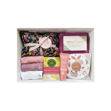 The Jolene box with onesie, bamboo swaddle, nursing balm and pillow